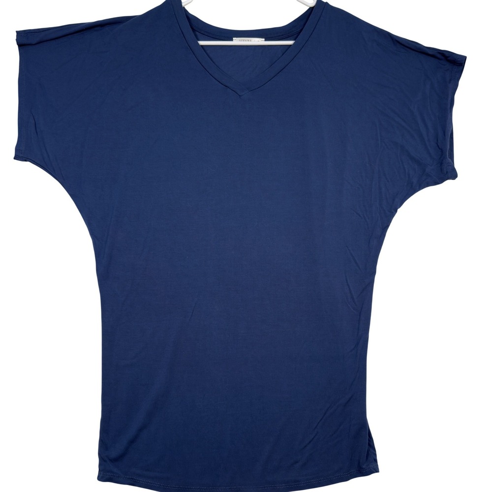 Sivana Woman's V-Neck Top Medium Dolman Sleeve Solid Navy Blue